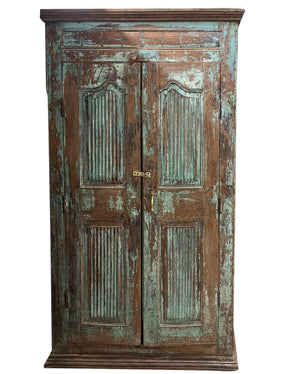 Shabby Chic Carved Vintage Armoire, Accent Cabinet, Antique Blue Armoire